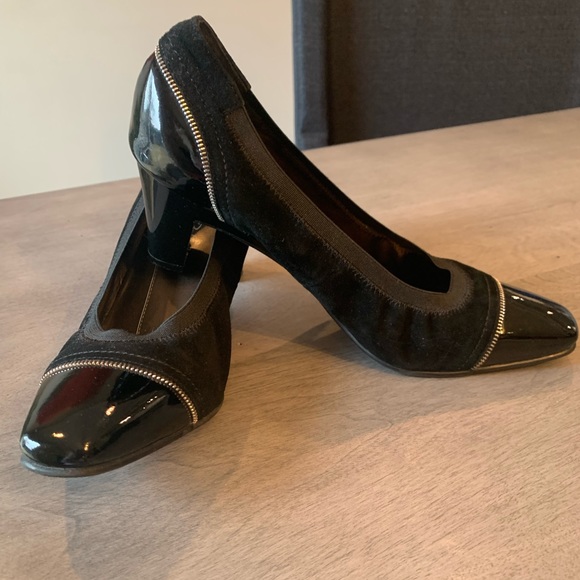 Walking Cradles black suede/patent leather heels with silver zipper detail. - Picture 10 of 14